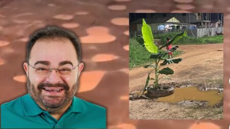 Prefeito larga ruas de Boca do Acre e povo põe bananeira em buraco na rua da Secretaria de Obras
