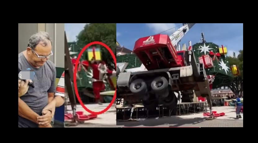Prenderam o “Papai Noel” do guindaste: a corda da Árvore de Natal arrebentou do lado mais fraco, né?