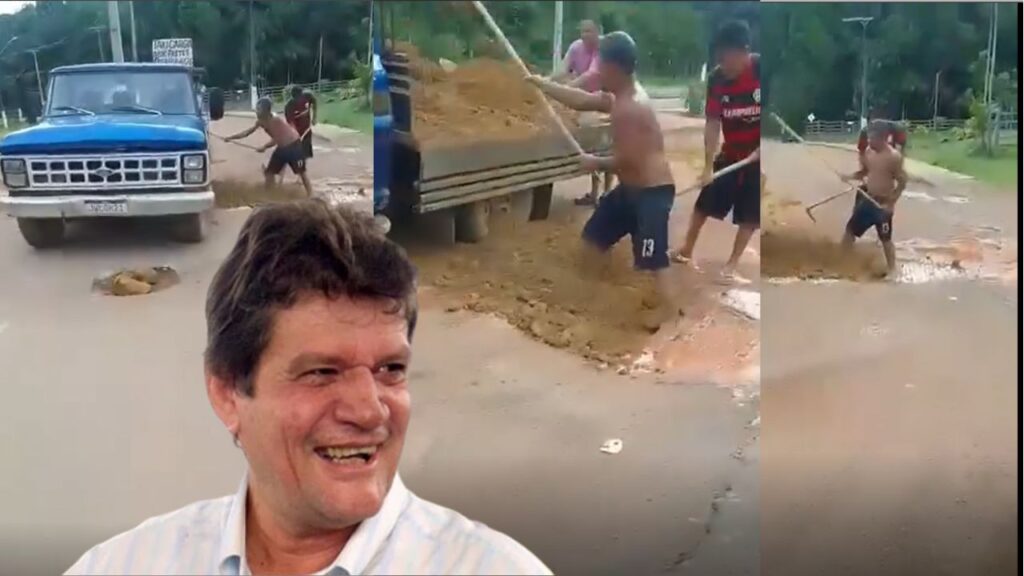 Cansados de esperar por Fernandão, moradores tapam buracos por conta própria em Presidente Figueiredo