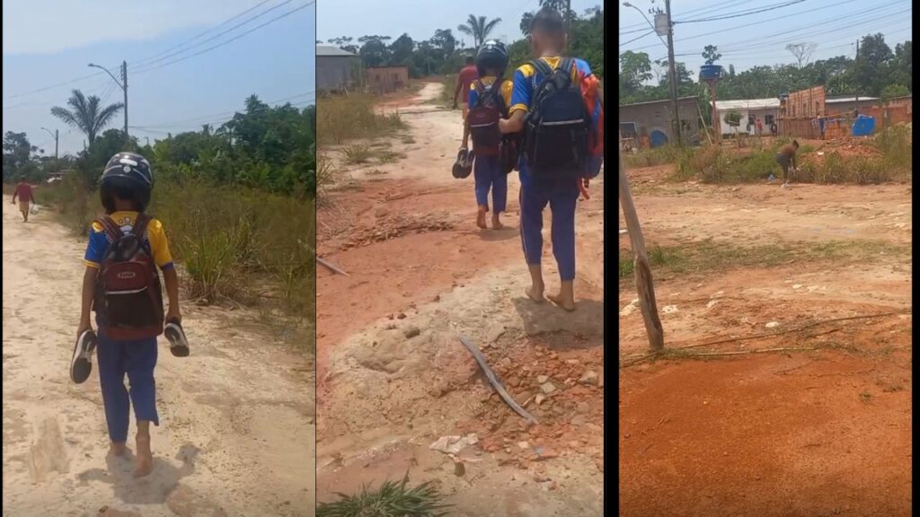 Alunos tiram os sapatos para atravessar lama em rua de Coari Alunos tiram os sapatos para atravessar lama em rua do Monte Sinai e moradores cobram prefeito de Coari